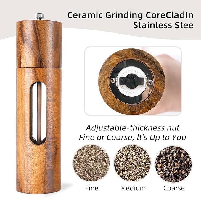 Acacia Wood Salt and Pepper Grinder Set with Base, Refillable Wooden Pepper & Salt Mill with Adjustable Ceramic Grinder for Kitchen & Dining