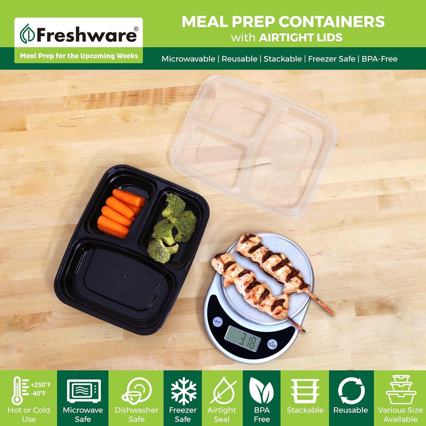 Freshware Meal Prep Containers [50 Pack] 3 Compartment Food Storage Containers with Lids, Bento Box, BPA Free, Stackable, Microwave/Dishwasher/Freezer Safe (24 oz) (Pack of 6)