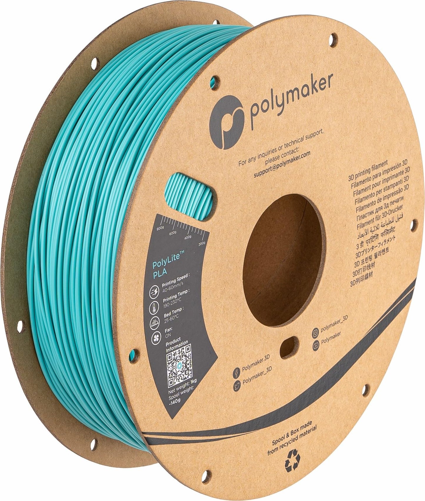 Polymaker PLA Filament, Teal 3D Printing PLA Filament 1.75mm 1kg - PolyLite 3D Printer PLA Filament, Dimensional Accuracy +/- 0.