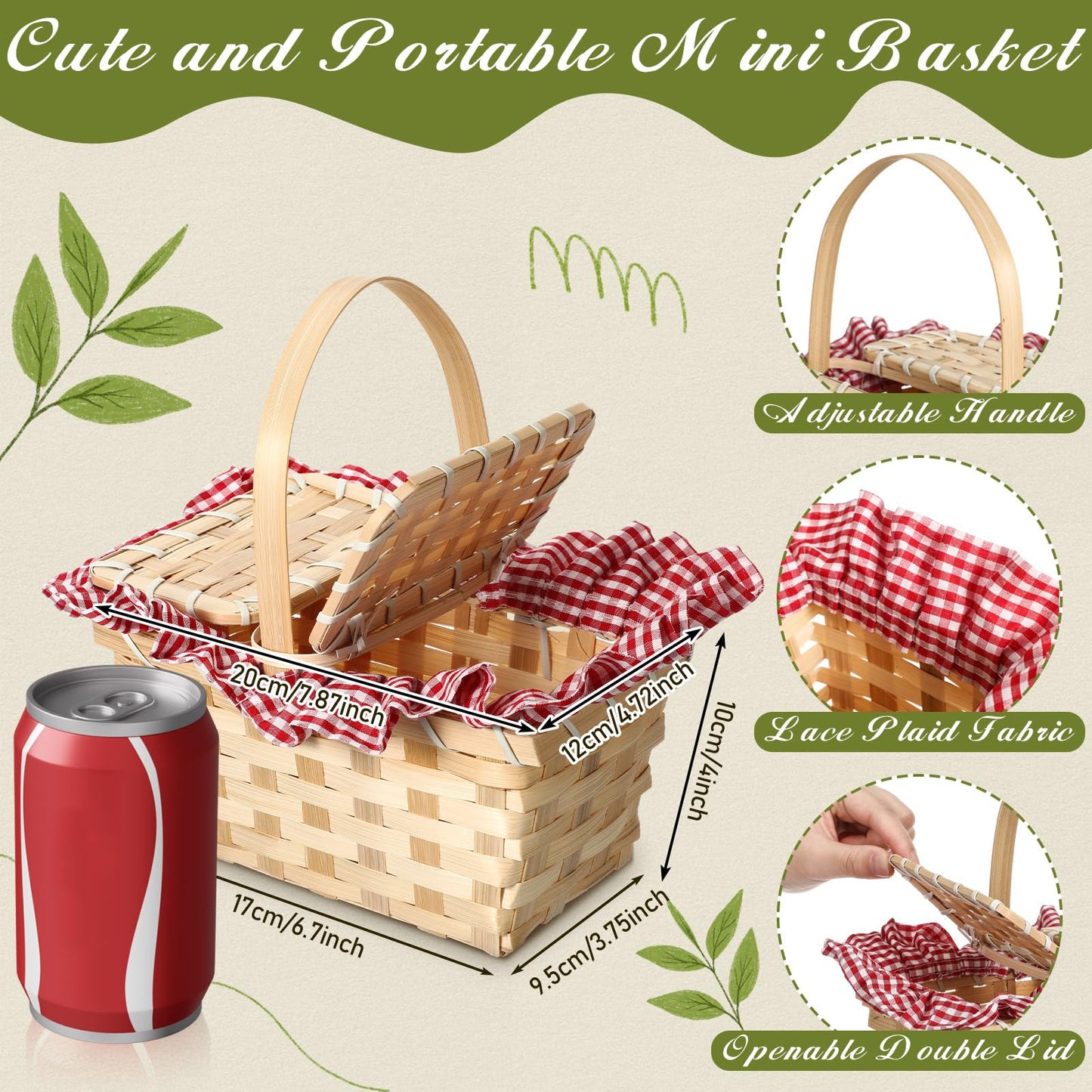 Teenyyou Mini Picnic Basket, Costume Accessory, Small Gingham Picnic Hamper for Halloween Women Costume Cosplay Accessory Hooded Cape Masquerade Dress up(Red and White)
