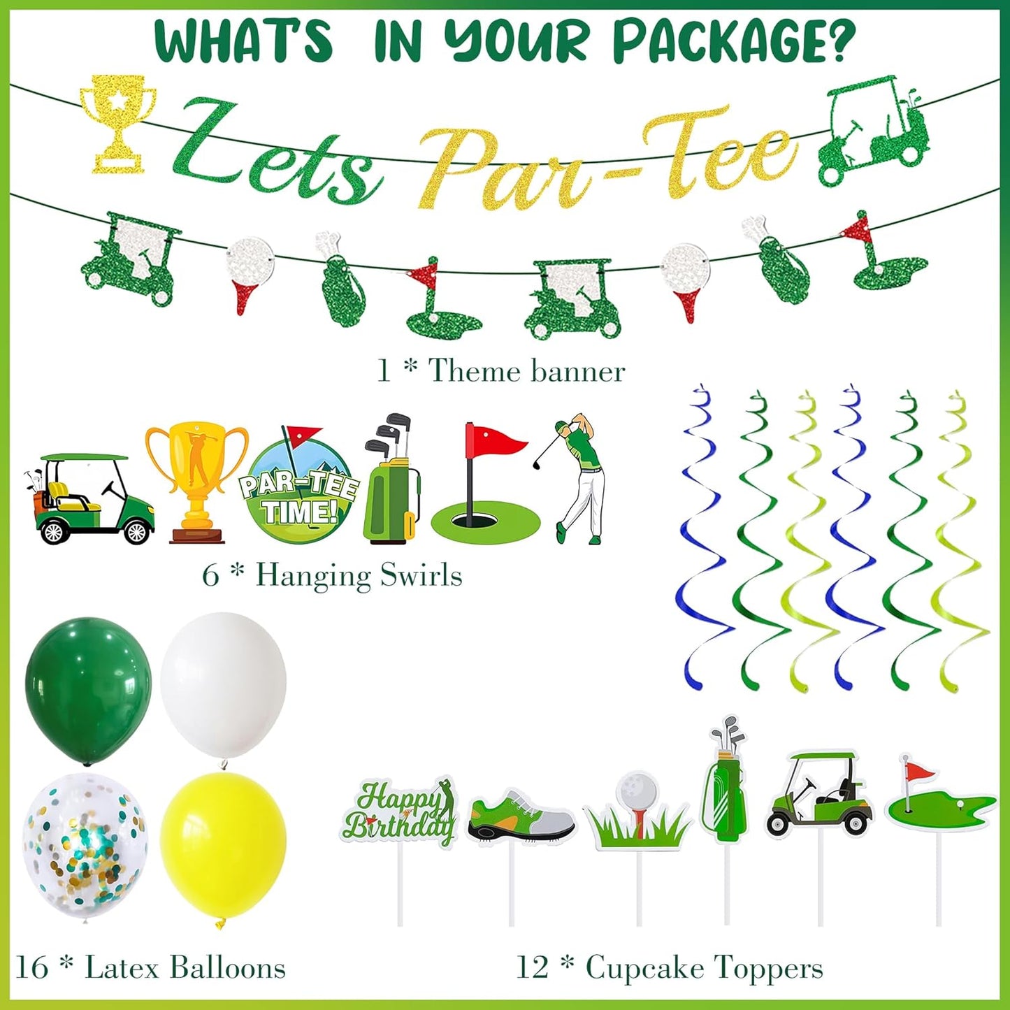 Golf Birthday Decorations Party Supplies - 36 Pcs Lets Par-Tee Banner Balloons Hanging Swirls Cupcake Toppers For Golf Theme Party Decor