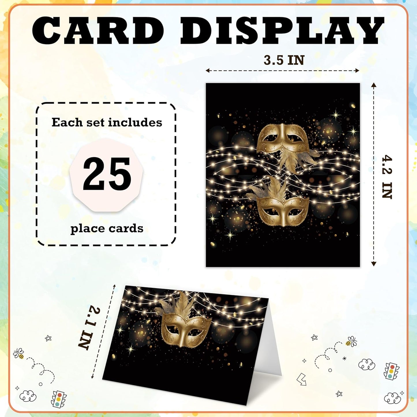 Masquerade Place Cards For Girls, Gold Mask Name Cards For Table Setting, Party Favors Supplies For Bachelor Slumber Sleepover, Venetian Mask Party Decorations, 25 Tent Cards -19