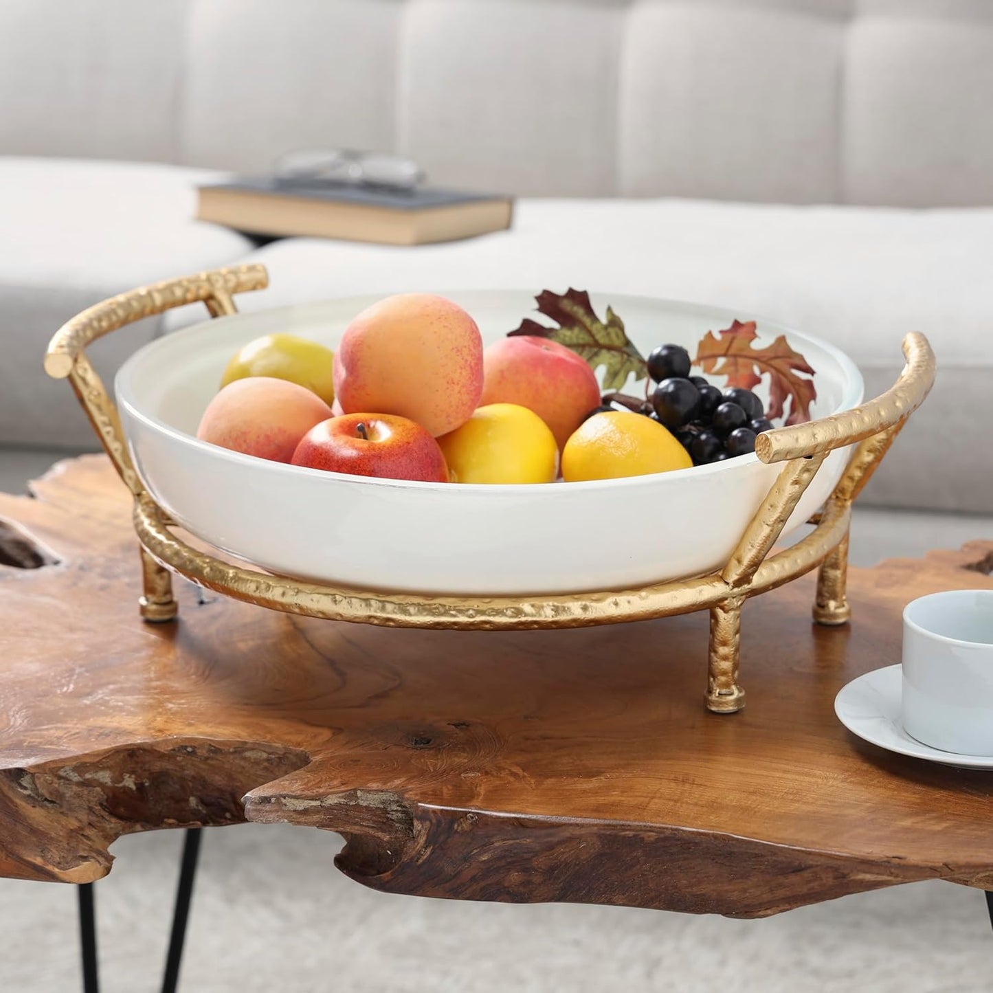 Deco 79 CosmoLiving by Cosmopolitan Glass Kitchen Serving Bowl with Gold Metal Stand, 19" x 16" x 6", White