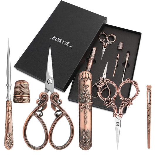 Embroidery Scissors Kits Include 2 Pairs Vintage Scissors, European Style Sewing Tools with Sewing Needle Case, Thimble, Threader, Complete Sewing Kit for Embroidery, Needlework (Red Copper)