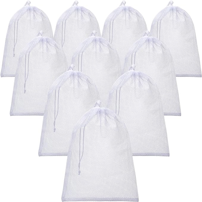 TecUnite 10 Pcs Mesh Bags Drawstring Laundry Bags Large Nylon Mesh Gift Dishwasher Bag with Sliding Drawstring for Kitchen Jewelry Gifts Wedding Favor Home(5.5 x 7.5 Inch,White)
