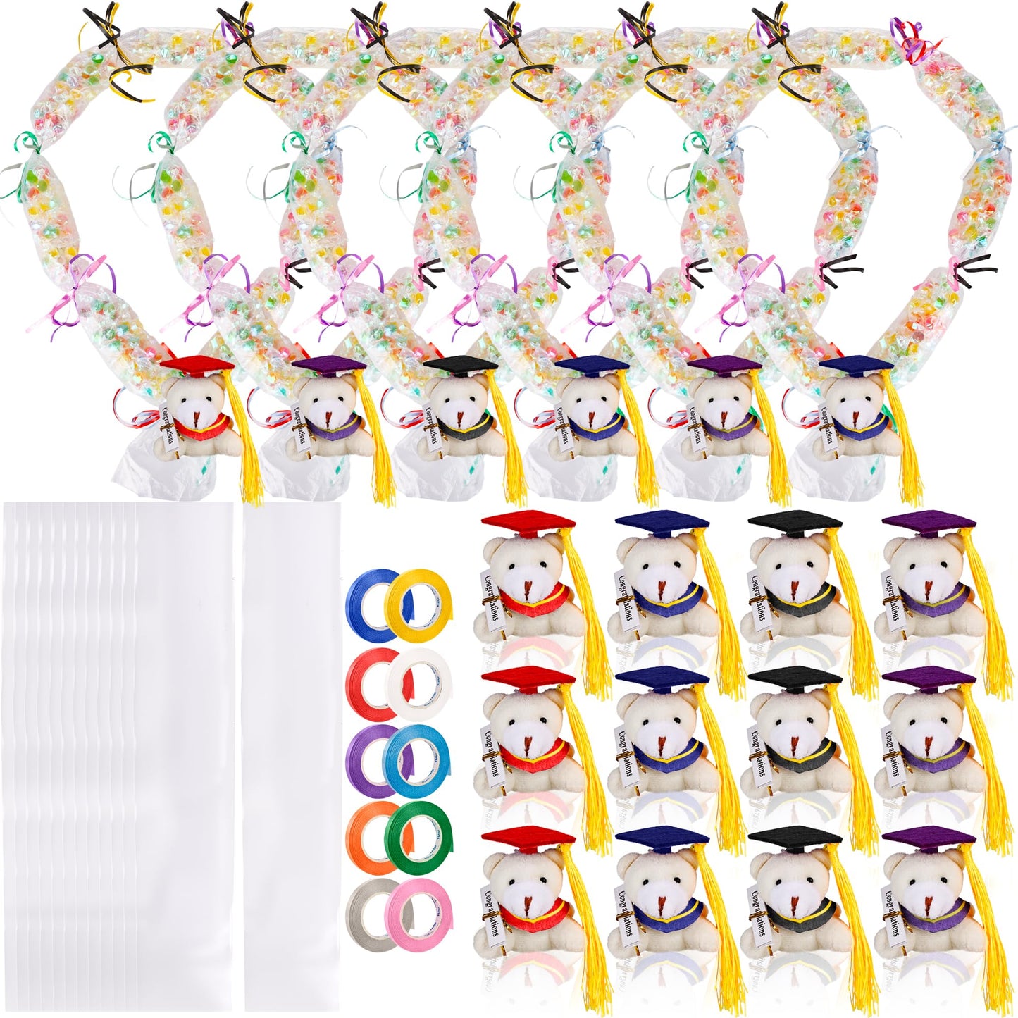 Mikasee 110 Pcs Graduation Candy Lei Making Kit 50 Graduation Candy Lei Tubing Lei Bags with 50 Sheet Stickers 10 Rolls Ribbon for School Graduation Wreaths