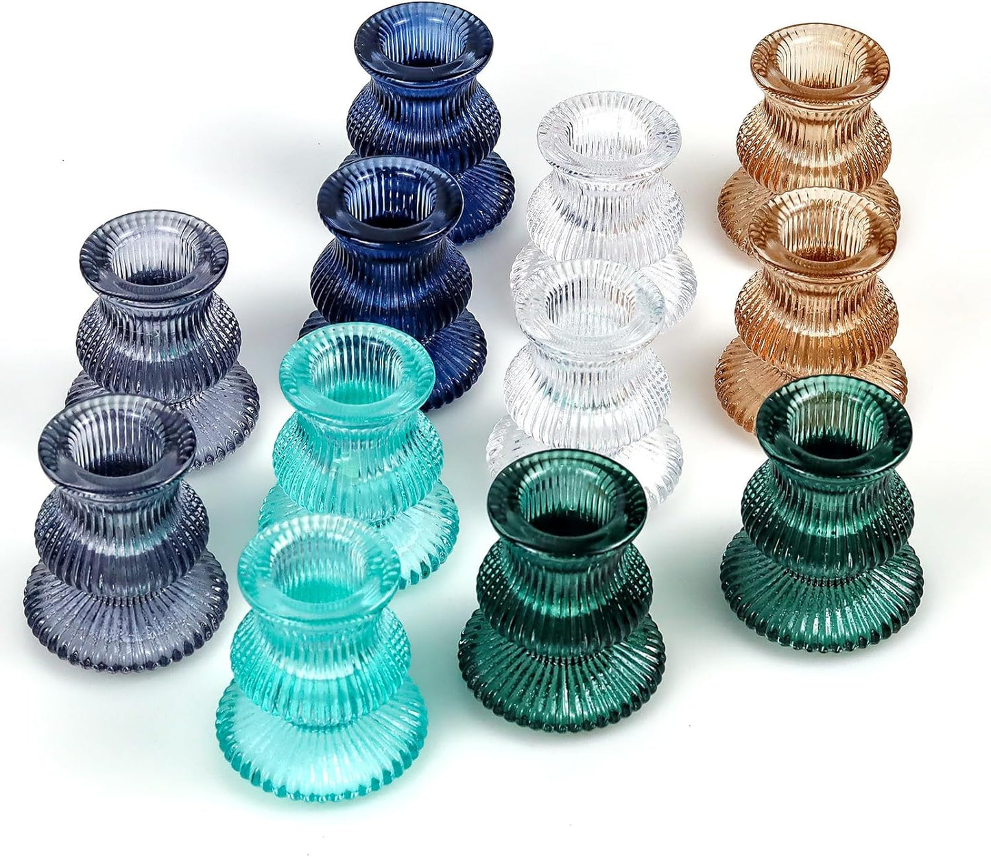 WDHODEC Christmas Taper Candle Holders 12PCS Glass Candlestick Holders for Table Centerpiece Colorful Candle Sticks for Wedding, Party and Winter Decoration(Blue&Green)