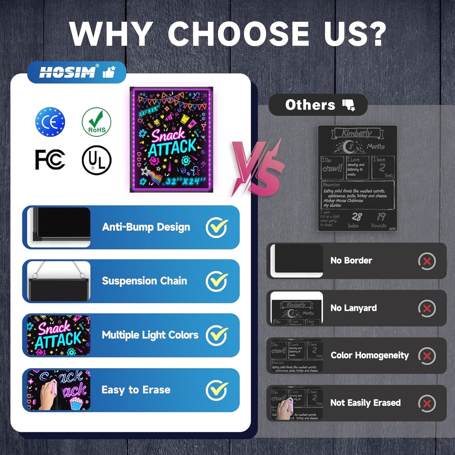 Hosim LED Message Writing Board 35"x27" Illuminated Erasable Neon Effect Restaurant Menu Sign with 8 Colors Markers, 7 Colors Flashing Mode DIY Message Chalkboard for Kitchen Wedding Promotions