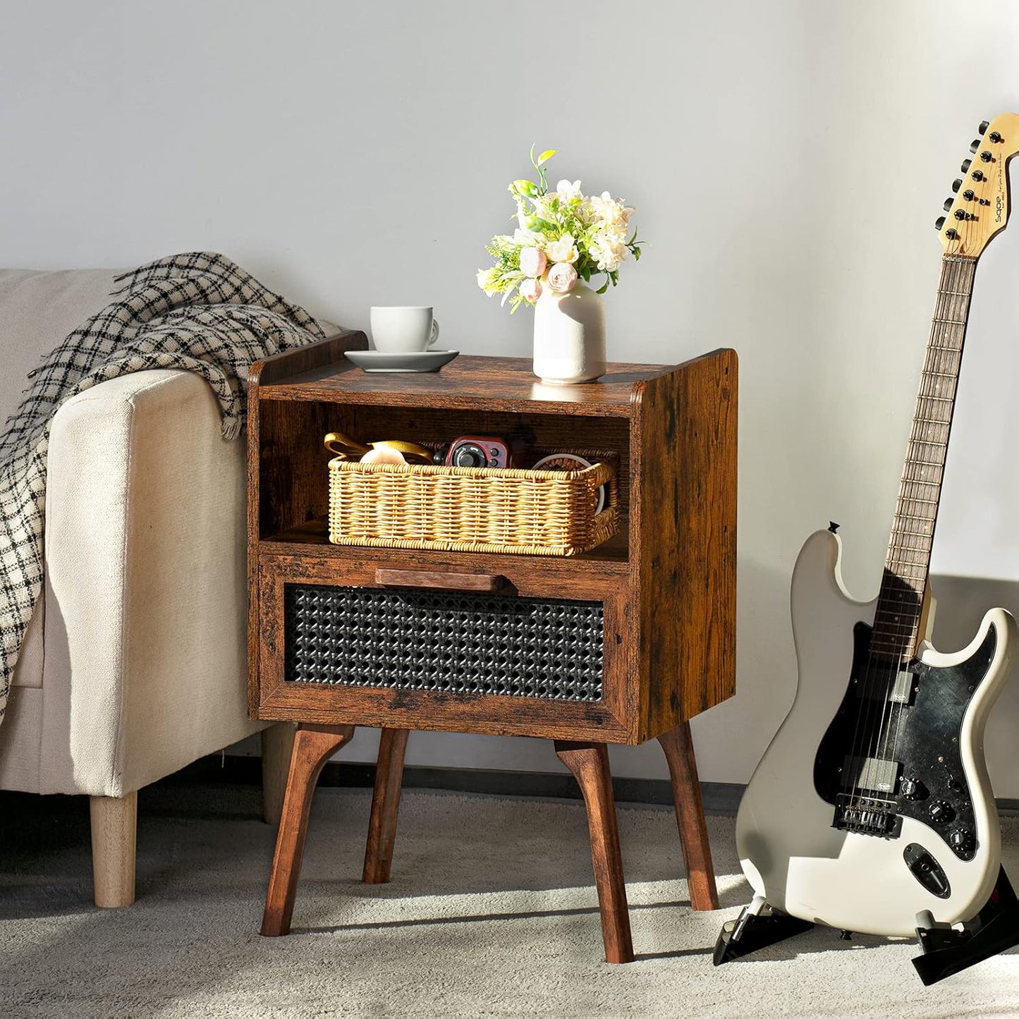 Lerliuo Rattan Nightstands Set of 2, Boho Side Table with Drawer Open Shelf, Cane Accent Bedside End Table with Solid Wood Legs for Bedroom, Dorm and Small Spaces (Brown)