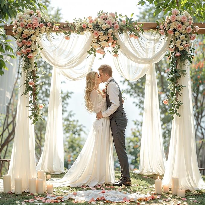 Wedding Arch Draping Fabric, 2 Panels 18FT Beige Sheer Backdrop Curtain Chiffon Fabric Drapery Voile Scarf Draping Panels for Wedding Archway Ceremony Curtain Valance Party Decoration
