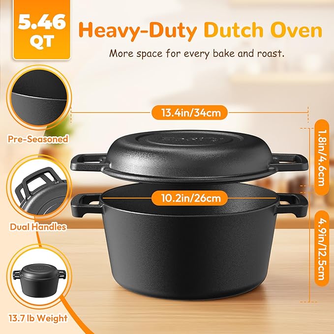 Cast Iron Dutch Oven for Bread Baking - Sourdough Starter Kit with Dutch Oven, Mitts, Banneton, Bread Sling & Baking Supplies, 5.46QT Pot with Lid for Sourdough Bread Baking, Frying, Braising & Camping