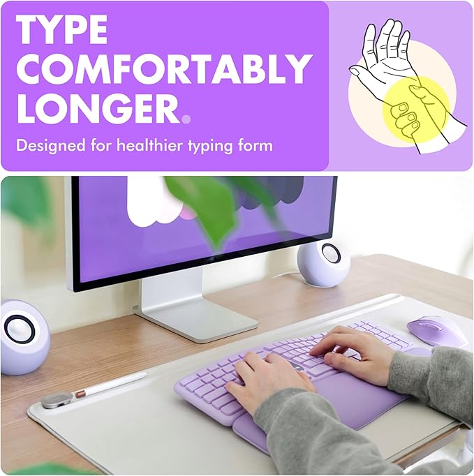 X9 Purple Ergonomic Keyboard Mouse Wireless Combo - Type Comfortably Longer - 2.4G/Bluetooth Split Keyboard, Multi-Device, Soft Wrist Rest, Rechargeable, Silent Ergo Keys - Laptop, PC, Mac,iOS,Android