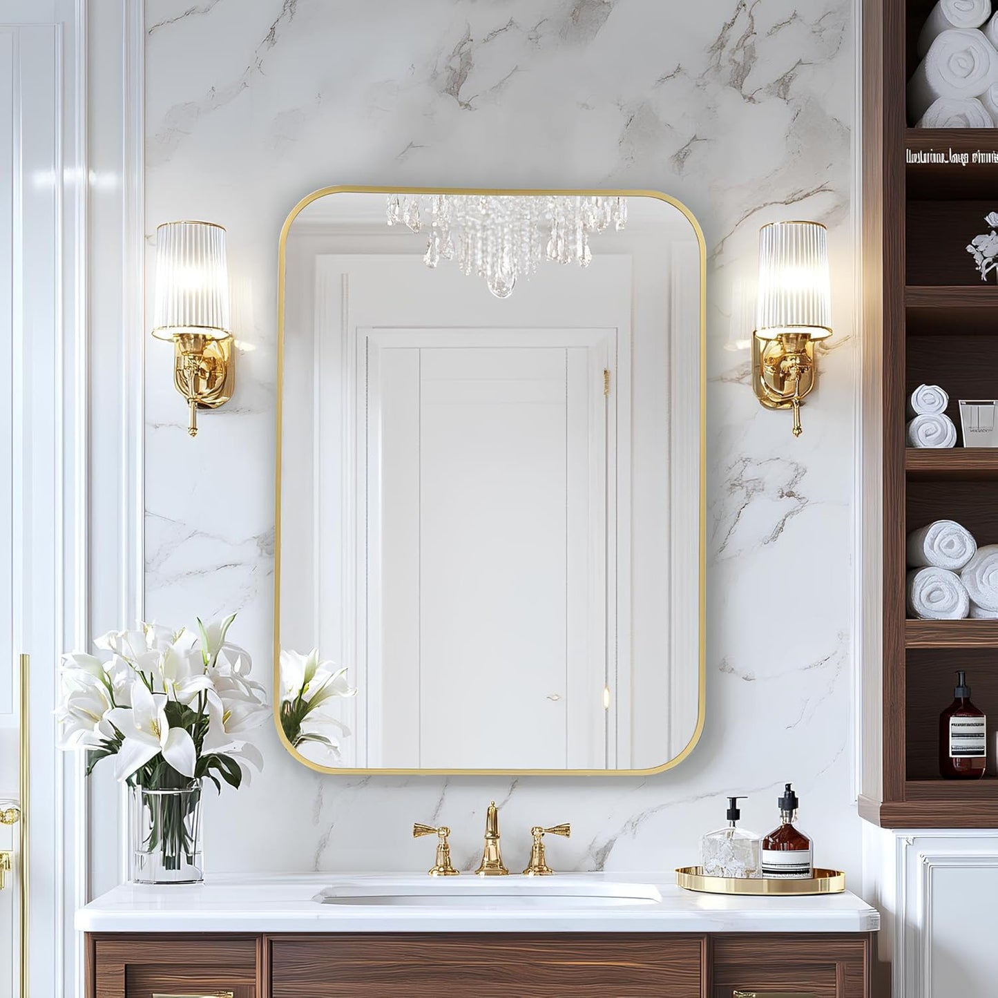 MZON 16x20 Inch Brushed Gold Vanity Mirror, Rectangle Bathroom Mirrors for Over Sink, Anti-Rust Frame & Tempered Glass, Hangs Horizontally/Vertically - Ideal for Small Bathroom or Powder Room