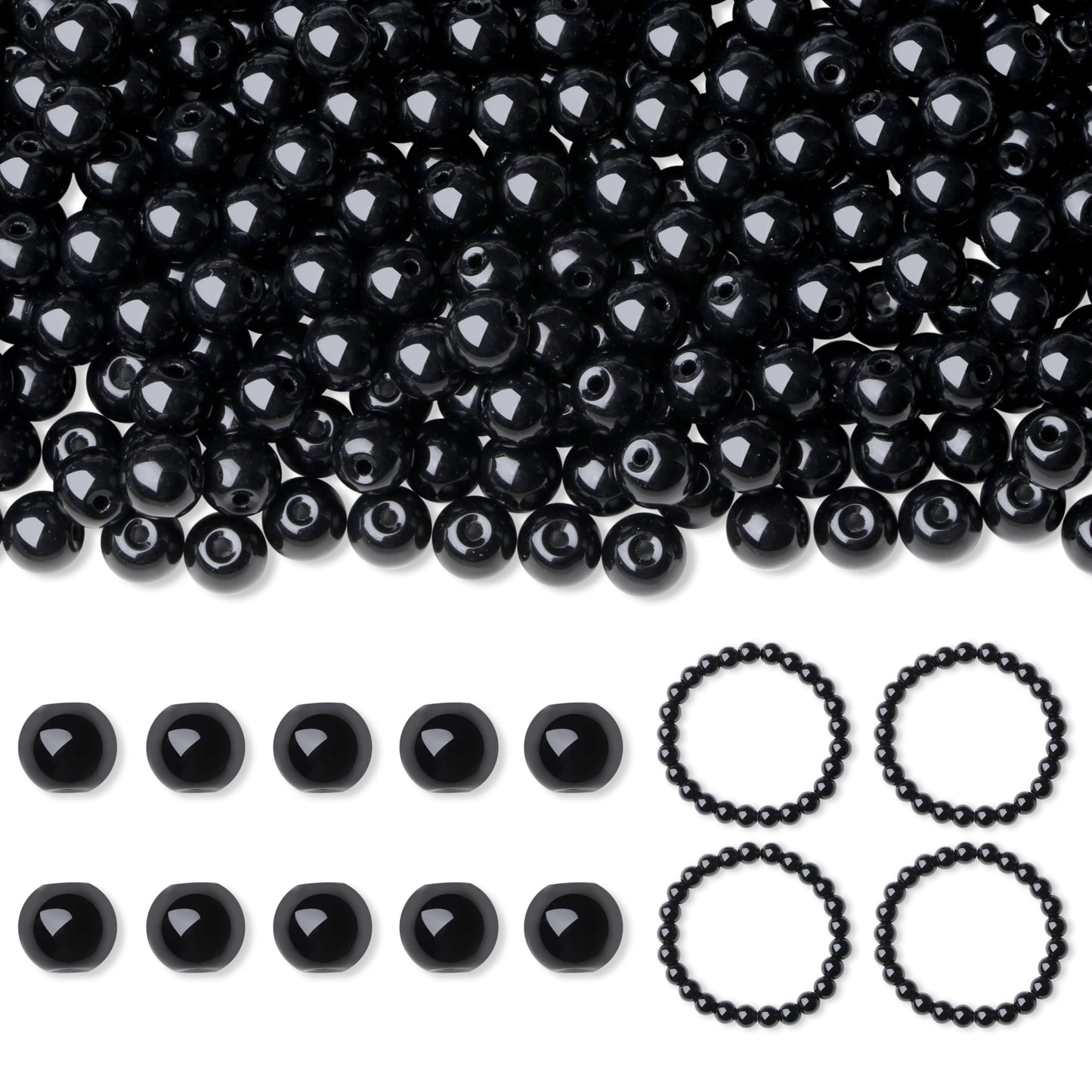 NUKAYAI 500Pcs Black Round Glass Beads 8mm for Bracelets, Beading Supplies Glass Crystal Beads for Bracelet DIY Crafts Making Kits Earring Necklaces(Black)
