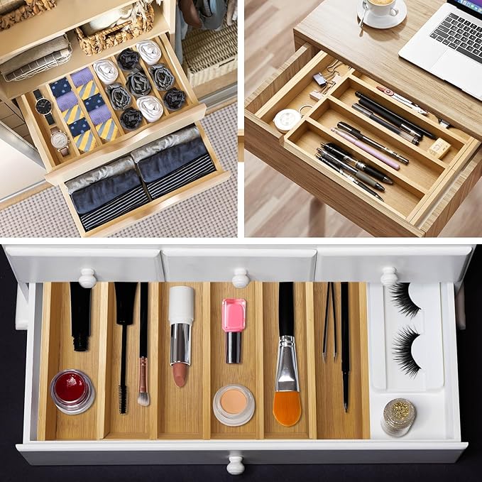 Bamboo Silverware Drawer Organizer Expandable Large Kitchen Utensil Holder Drawer Divider Organizers Storage Adjustable Cutlery Silverware Tray Wooden Spoon Holder Flatware Organizer Trays