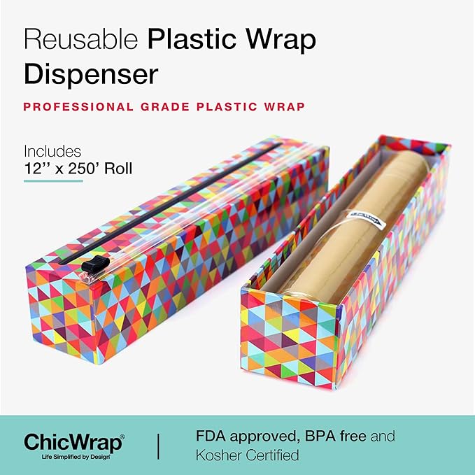 Chicwrap Triangles Refillable Plastic Wrap Dispenser - Includes One 12" x 250' Roll of Professional Grade Plastic Wrap - BPA Free and Kosher Certified - Reusable Dispenser w/Slide Cutter