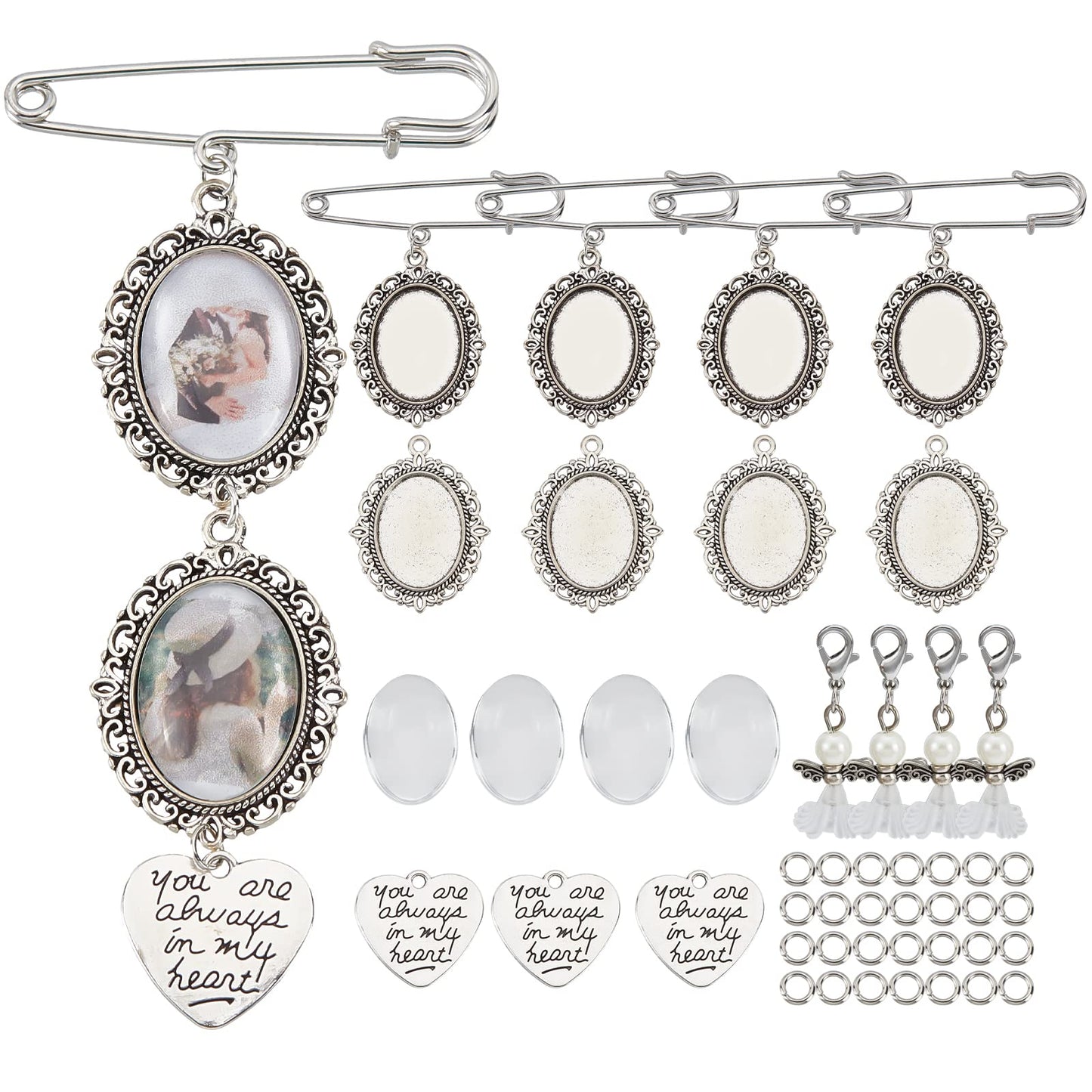 SUNNYCLUE 1 Box 100Pcs DIY 10 Sets Wedding Bouquet Photo Charms Making Kit Bridal Boutonniere Photo Charm Safety Pin Memory Brooch Lobster Claw Angel Pendants Trays and Domes Cabochon Setting Crafting