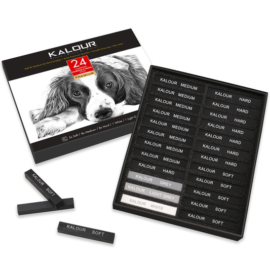 KALOUR 24 Pro Charcoal Drawing Set - Soft,Medium,Hard Charcoal and White - Charcoal Sticks for Drawing Sketching Shading - Art Supplies Gift for Artists Beginners Adults