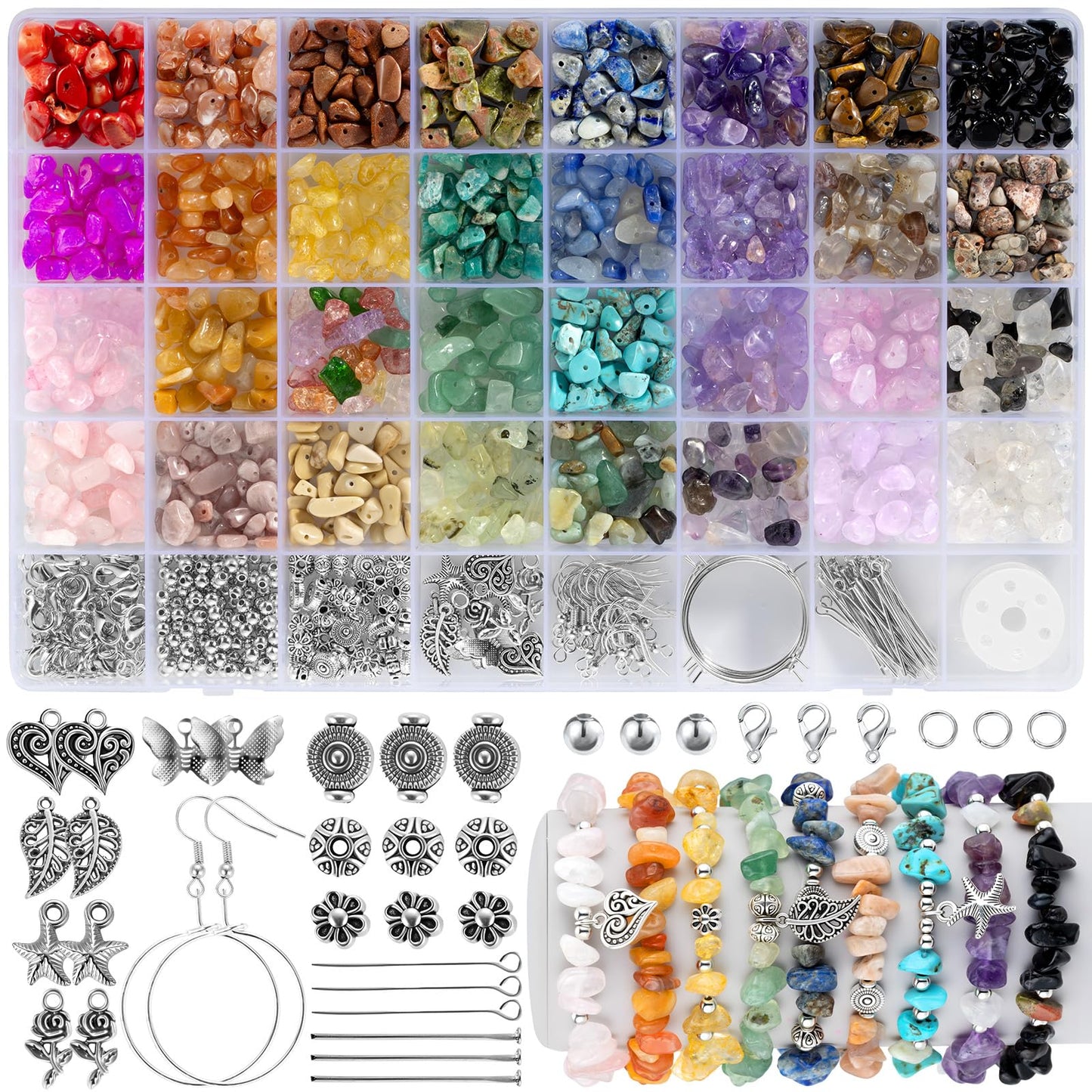 Funtopia 32 Colors Crystal Beads for Jewelry Making,1200 Pcs Natural Stone Beads Bracelet Making Kit Adults 5-8mm Irregular Crystals and Gemstones Chips for Bracelet Necklace Earring DIY Craft