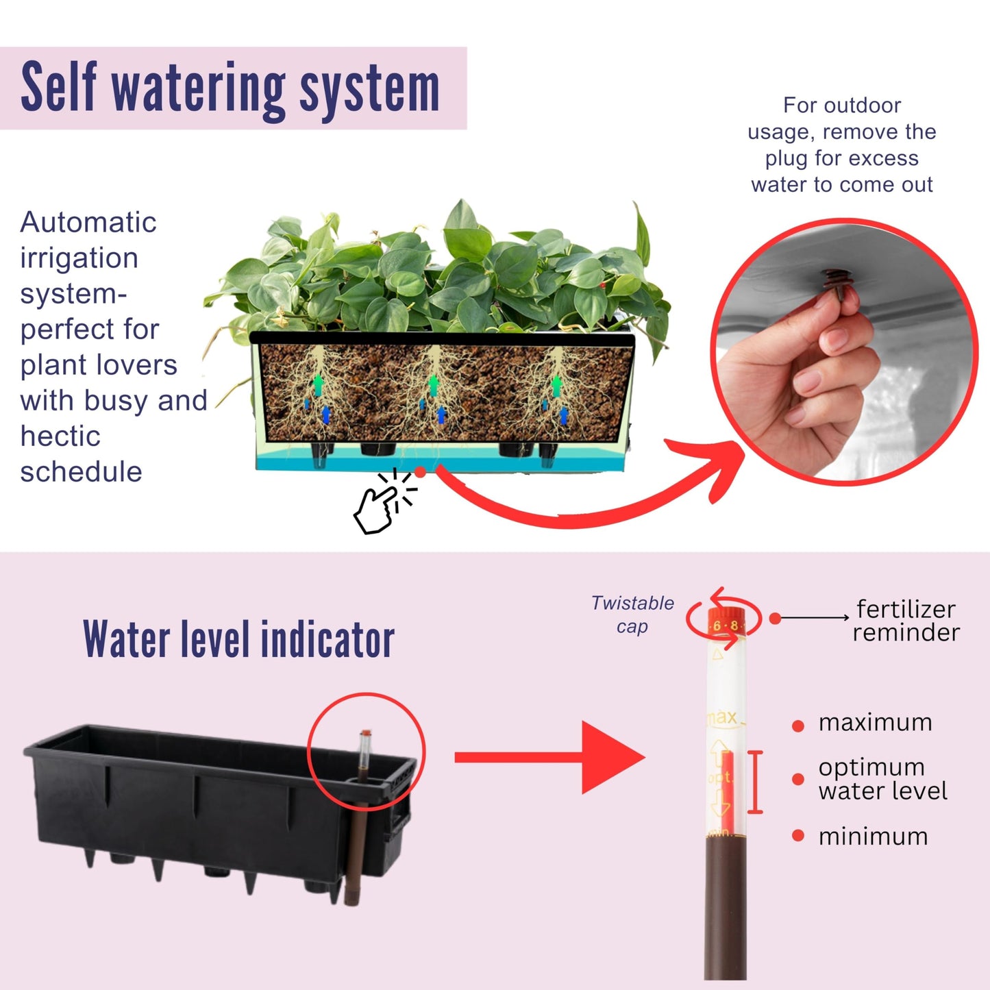 LaLaGreen Outdoor Wall Planters (20 Inch, 2 Pack) Wall Mounted Self Watering System Window Flower Boxes with Bracket, Black Rectangular Plant Pot Container Indoor Modern Garden Herb Kitchen Home Decor
