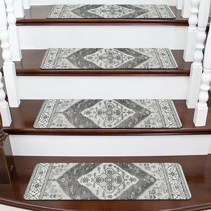 OJIA Extra Non-Slip Stair Treads for Wooden Steps, 30"X8" Indoor Stair Runners Slip Resistant Stair Rugs Safety Mats for Dogs, Kids & Elders, Rubber Backed Stair Treads Stair Covers (15PC, Gray)
