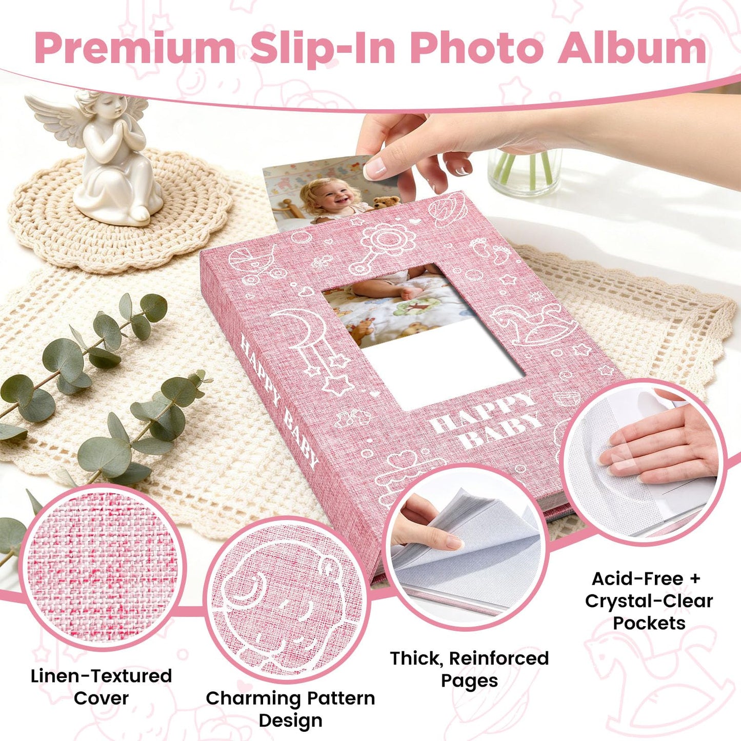 Yatosally Baby Photo Album 4x6 300 Pockets with Memo Area, Photo Stickers & Hand and Footprint Kit, Linen Cover Baby Memory Book with Front Window, First Year Keepsake for Newborn Boy Girl