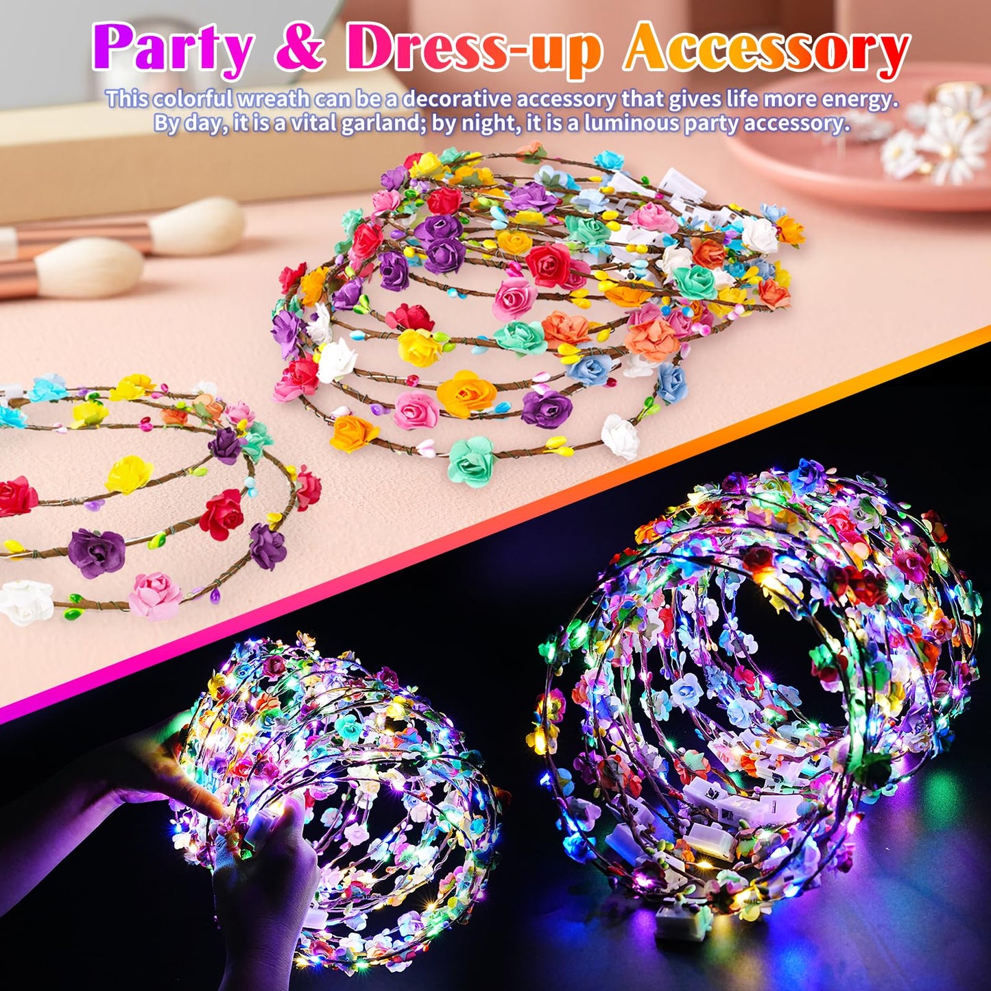 HONLYNE 100 PCS LED Flower Crowns Headbands, Light Up Flower Crowns For Women, Glow in the Dark Headband for Wedding Reception Birthday Christmas Mardi Gras Cosplay Princess Party Favors