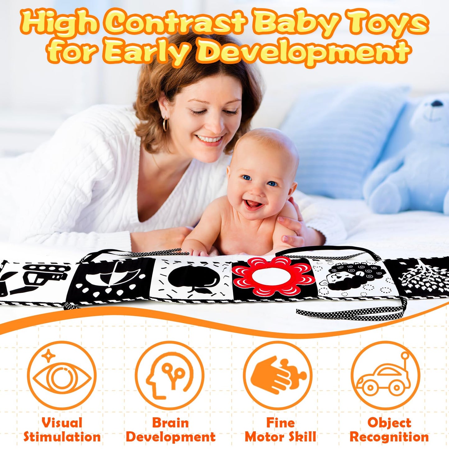 High Contrast Baby Toys for Newborn Infant 0-6 Months Montessori Tummy Time Black and White Sensory Crinkle Toys 0-3 3-6 Months Soft Books Carseat Toys for Baby Boys Girls Easter Basket Stuffers Gifts