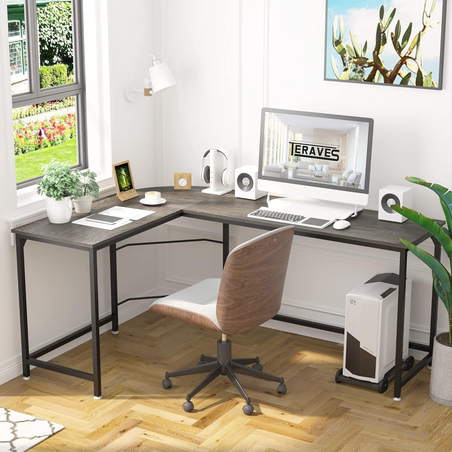Teraves Reversible L Shaped Desk, 66.1" Gaming Desk, Corner Desks for Home Office, Space Saver Workstation Table, Modern Wooden Desk, BOAK