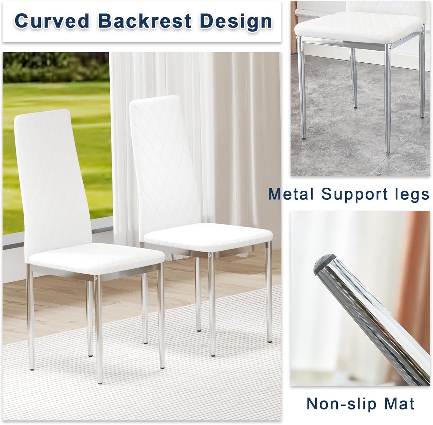 JT Modern Minimalist Dining Chair Fireproof Leather Sprayed Metal Pipe Diamond Grid Pattern Restaurant Home Conference Chair Set of 4 Or 6 (8, White)