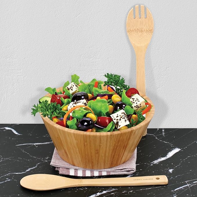 Emeril Lagasse 3-Piece Bamboo Salad Bowl Set with Utensils, 10-Inch Bowl, Eco-Friendly and Durable