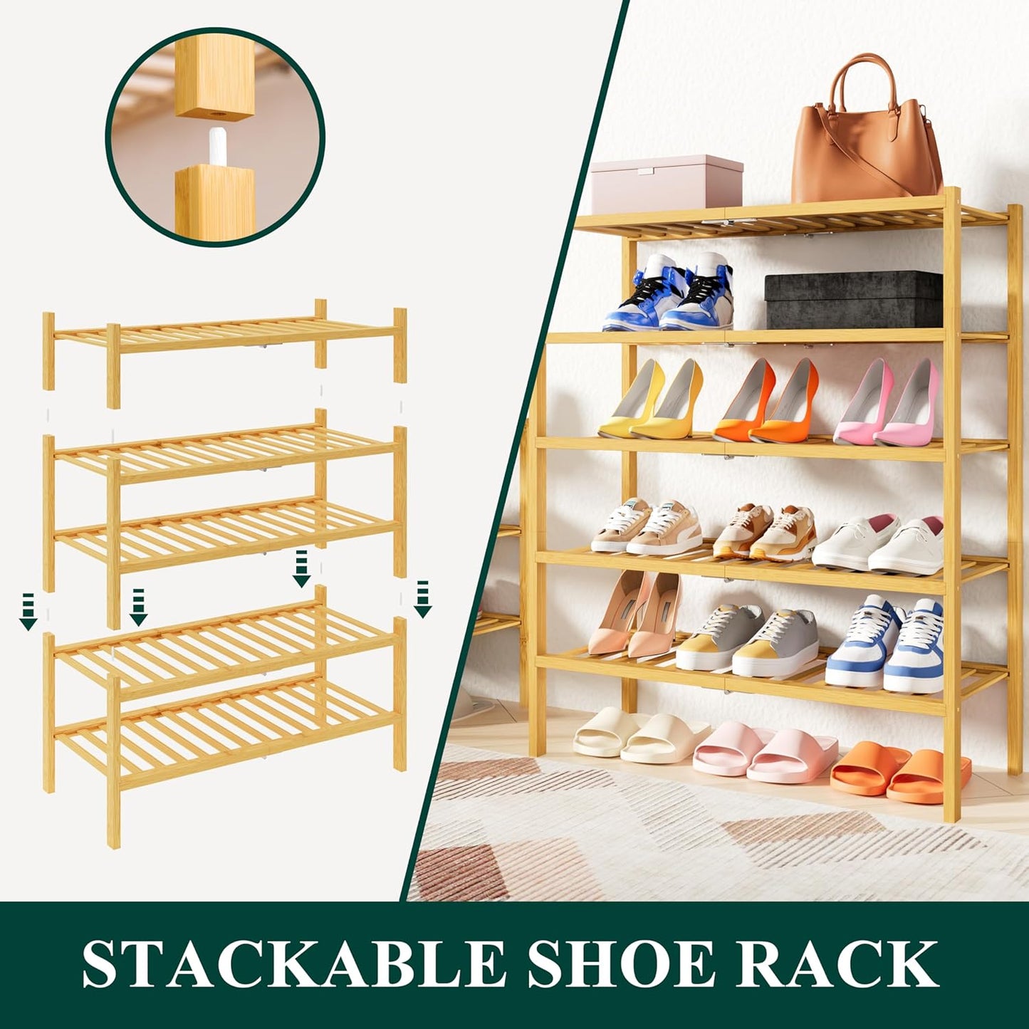 Smiry Shoe Rack, 4 Tier Thick Bamboo Shoe Organizer, Stackable Free Standing Wooden Shoe Storage Shelf for Closet, Entryway, Front Door Entrance, Natural