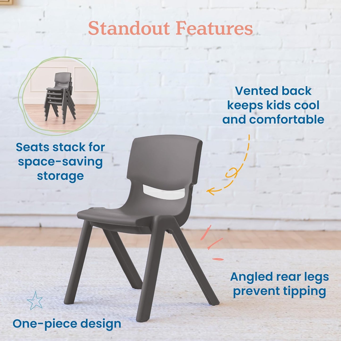 ECR4Kids 12in Plastic School Stack Chair, Classroom Furniture, Grey, 4-Pack