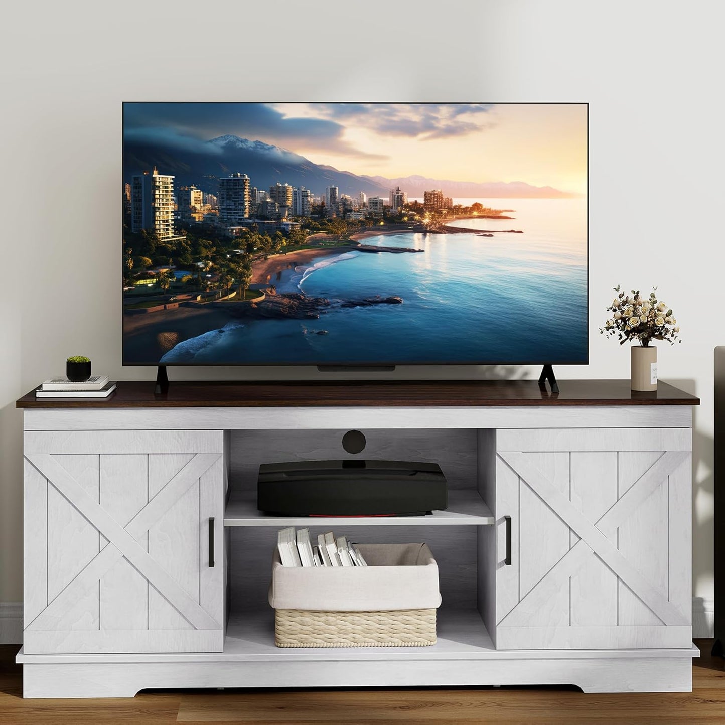 DWVO Farmhouse TV Stands for Living Room, Entertainment Center with Storage, TV Stand for 65 Inch TV with Double Barn Doors & Storage Cabinets, Rustic TV Cabinet Media Console, Espresso & Grey White