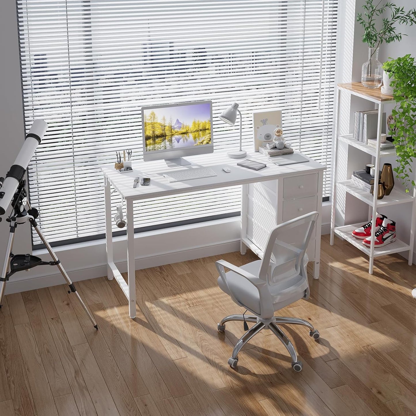 Lufeiya White Computer Desk with Fabric Drawers, 47 Inch Reversible Study Work Writing Desk for Home Office Bedroom, Simple Modern Cute PC Desks with Drawer, White