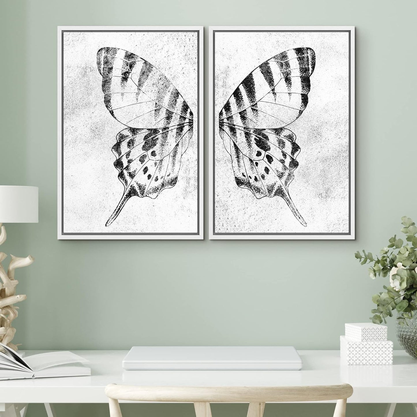 SIGNWIN Framed Canvas Print Wall Art Set Black & White Monarch Butterfly Wing Insect Nature Wilderness Illustrations Modern Art Rustic Relax/Calm for Living Room, Bedroom, Office - 24"x36"x2 White