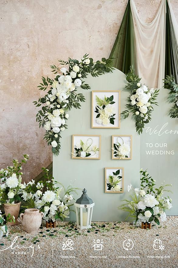 Ling's moment Artificial Wedding Arch Flowers Kit Pack of 4, 2pcs Hanging Silk Flowers Arrangement 2pcs Chiffon Drapes Ceremony Spring Fake Rose Arbor Backdrop White Sage Floral Party Outdoor Decor