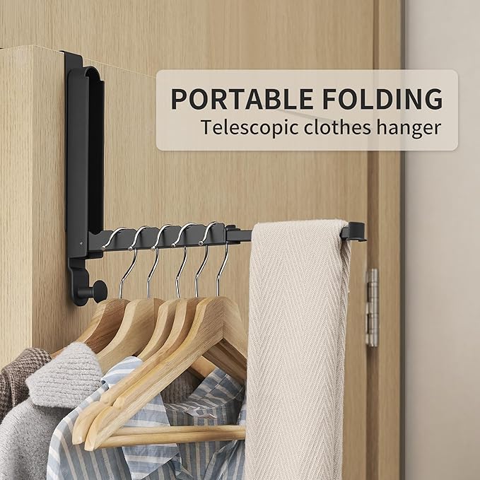 Clothes Drying Rack Foldable Fit Door up to 1 3/8" Optimal 2pc,Over The Door Hanger with Retractable Rod,Over The Door Hanger Hooks for Laundry Bathroom Bedroom Travel Hangers(Black, 2 Pack)