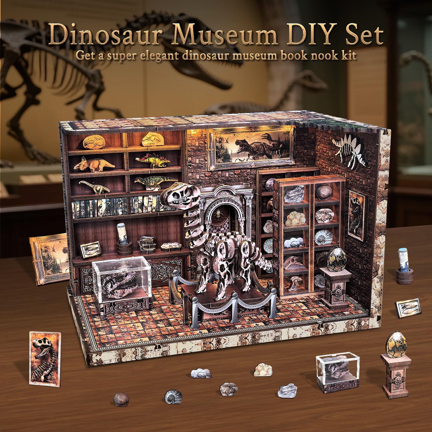FLYINTOYS Book Nook Kit, DIY Miniature Dollhouse Booknook Kit for Adults and Teens, 3D Wooden Puzzle Bookshelf Crafts Kits with LED Light for Family and Friends (Dinosaur Research Institute)