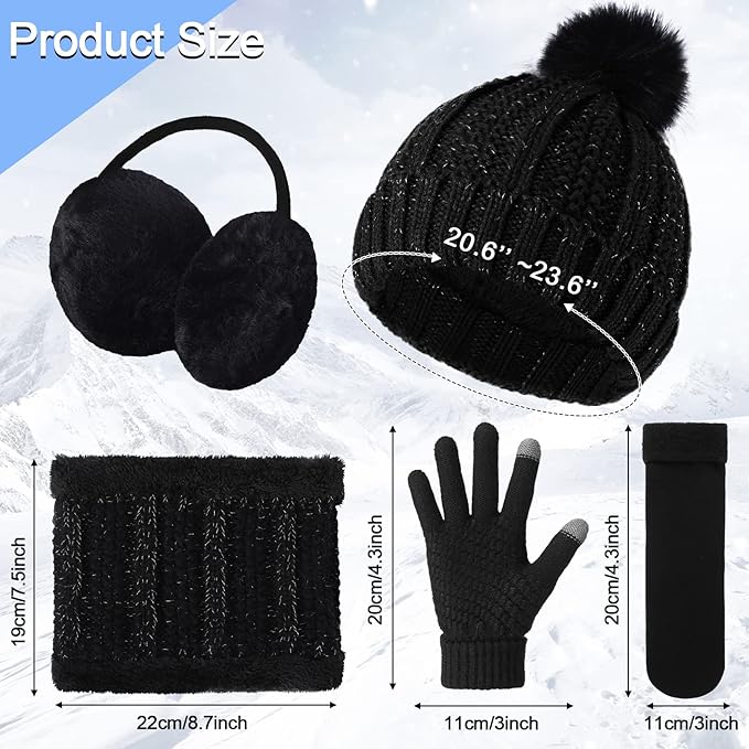 5 Pieces Women Winter Warm Set Knit Beanie Hat Scarf Touchscreen Gloves Earmuffs Stockings 5 in 1 Ski Outing Set for Gift
