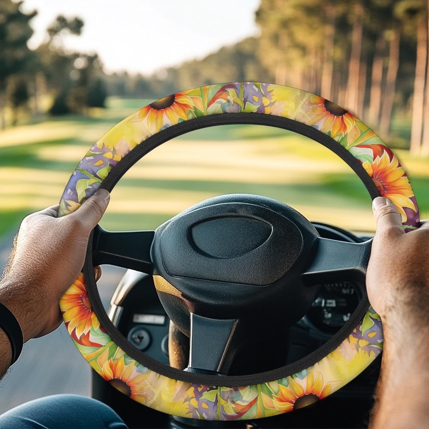 Sunflower Golf Cart Steering Wheel Cover Vintage 13 Inch Steering Wheel Covers Sun Shade Cover Comfortable Vehicle Accessories Decor