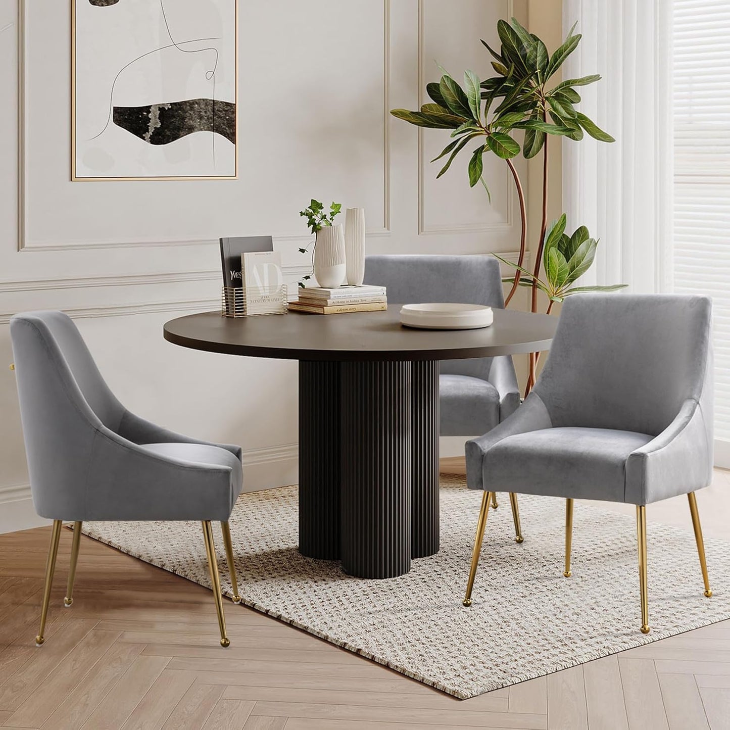Modern Velvet Dining Chairs Set of 6, Contemporary Upholstered Furniture Collection with Polished Gold Metal Legs, Elegant Accent Chairs for Kitchen Living Room(Grey)