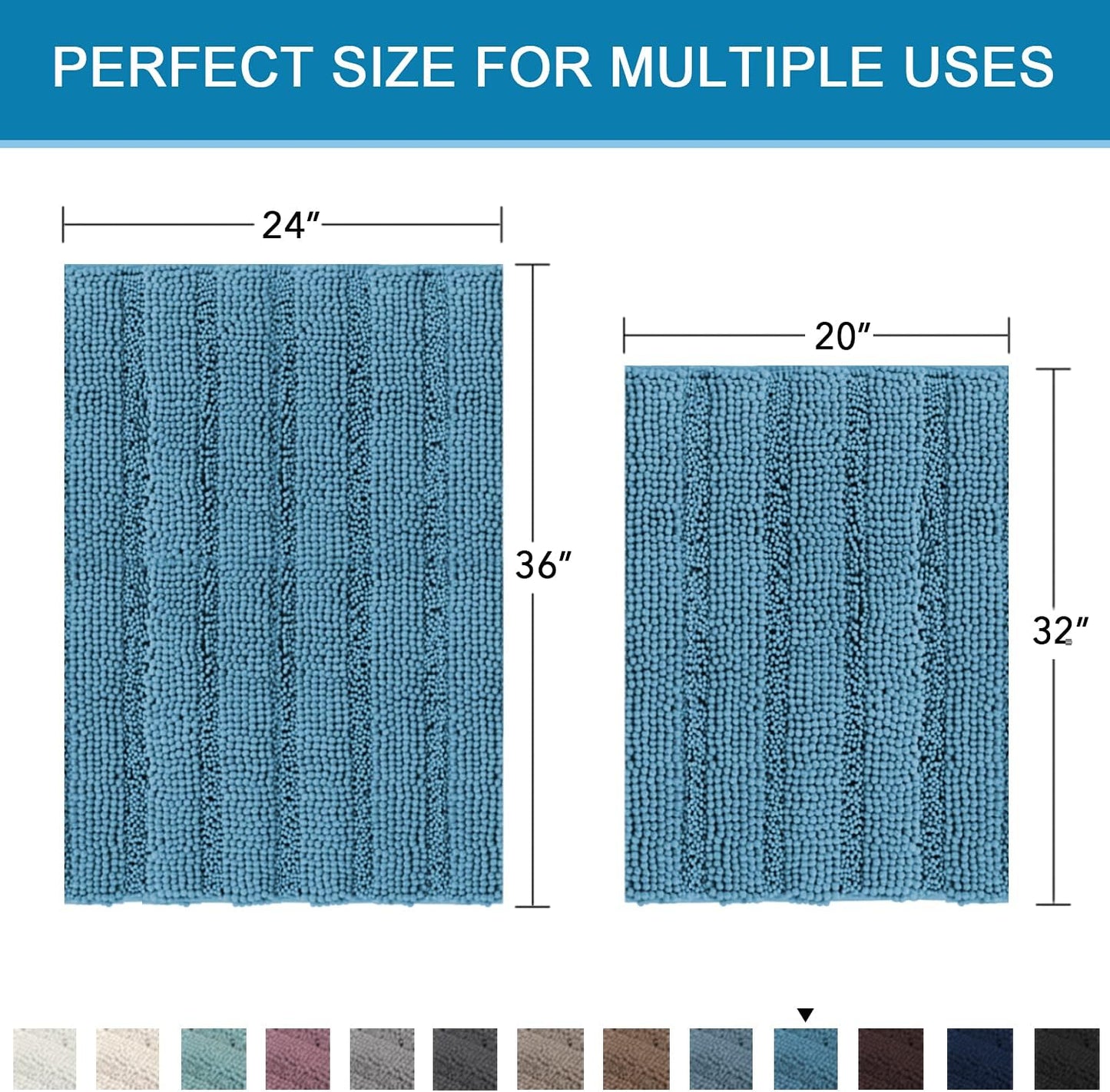 H.VERSAILTEX 2 Piece Bathroom Set - Super Absorbent Chenille Striped Bath Mats - Non Skid, Machine Washable - Turquoise Blue, 24 x 36 Plus 20 x 32 Inches