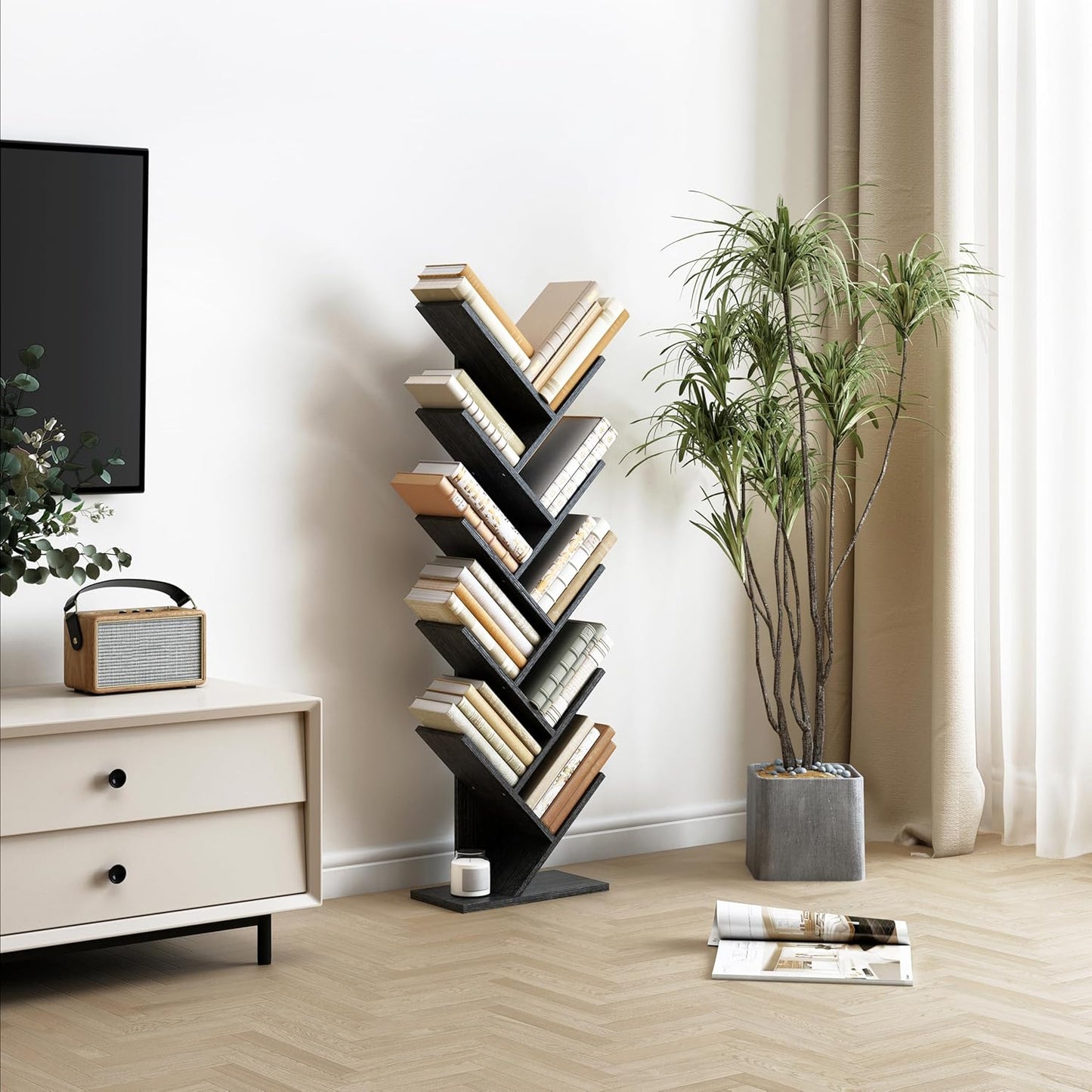 Hoctieon 10 Tier Tree Bookshelf, 10 Shelf Bookcase, Free Standing Tree Bookcase, Display Floor Standing Shelf for Books, Book Organizer Shelves for Home Office, Living Room, Bedroom, Black