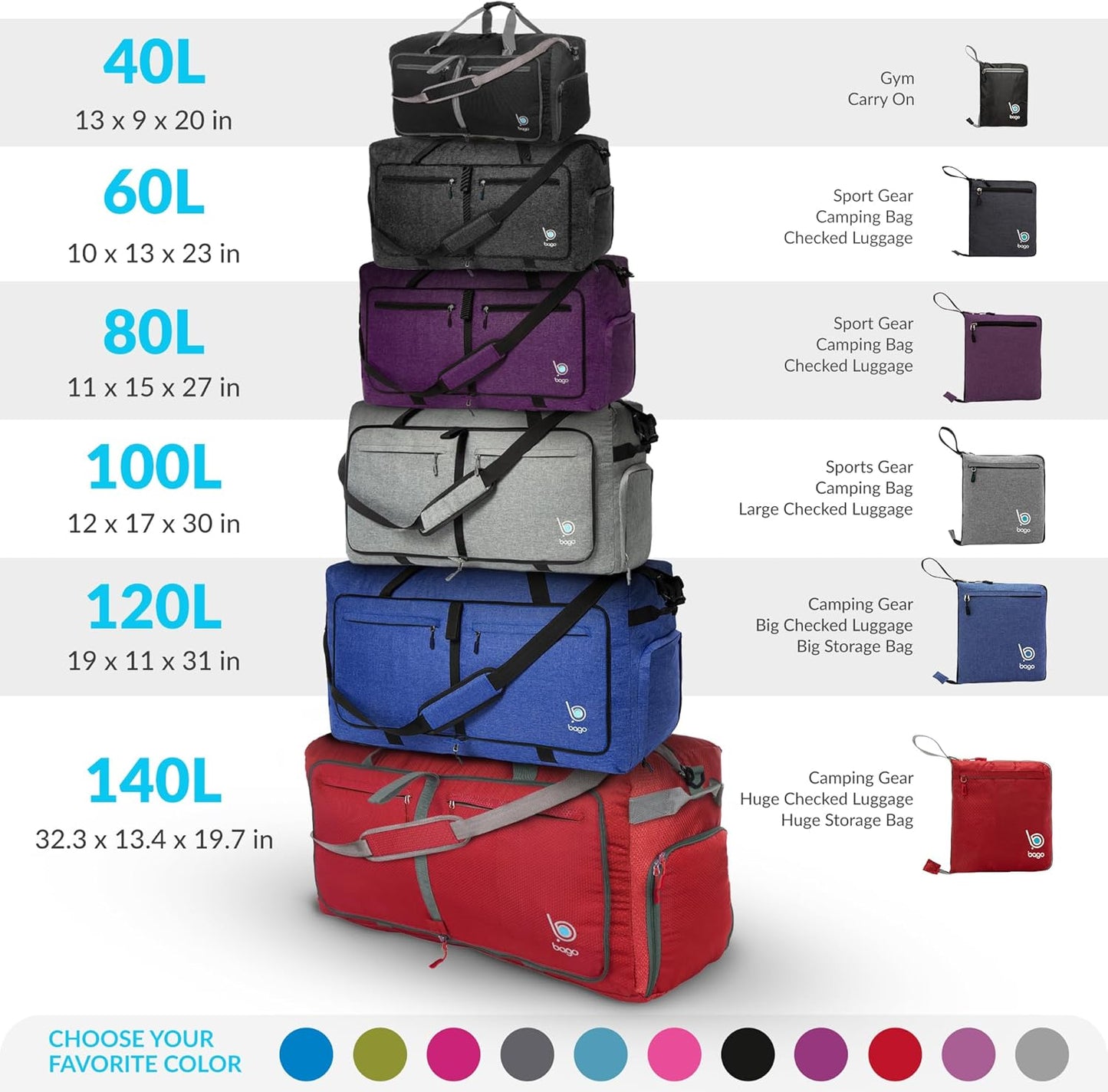 Bago Big XXL Foldable Duffel Bags for Traveling Women & Men - 140L Packable Duffle Bag for Travel with Shoe Compartment - Water Repellant, Heavy Duty, Lightweight Folding & Collapsible (SnowDepPurple)