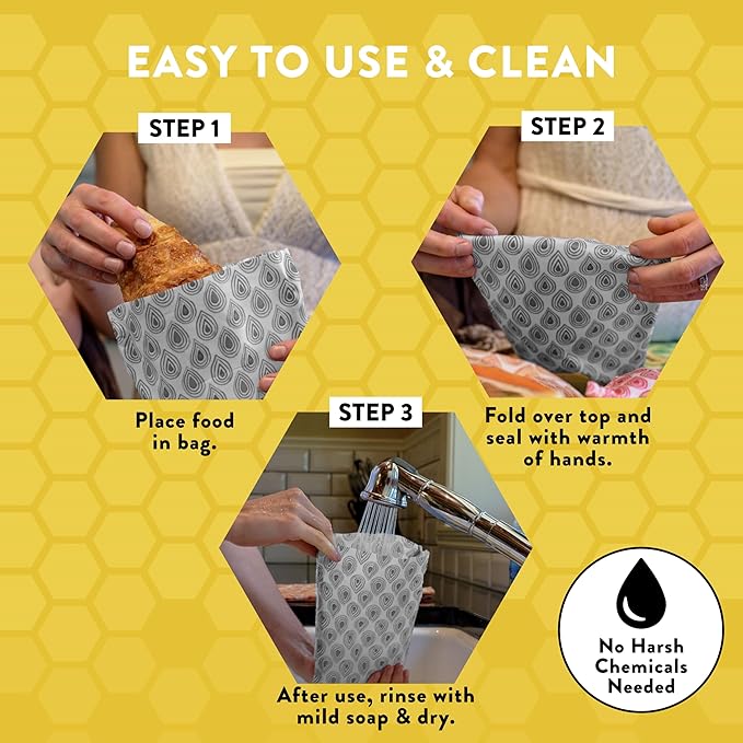 BeeBAGZ - Beeswax Wrap Storage Bag, Reusable Food Storage Bags, Pack of 3, Plastic Free Biodegradable Food Wrap Alternative, Starter Pack, 1 Small + 1 Medium + 1 Large, (Multicolors)