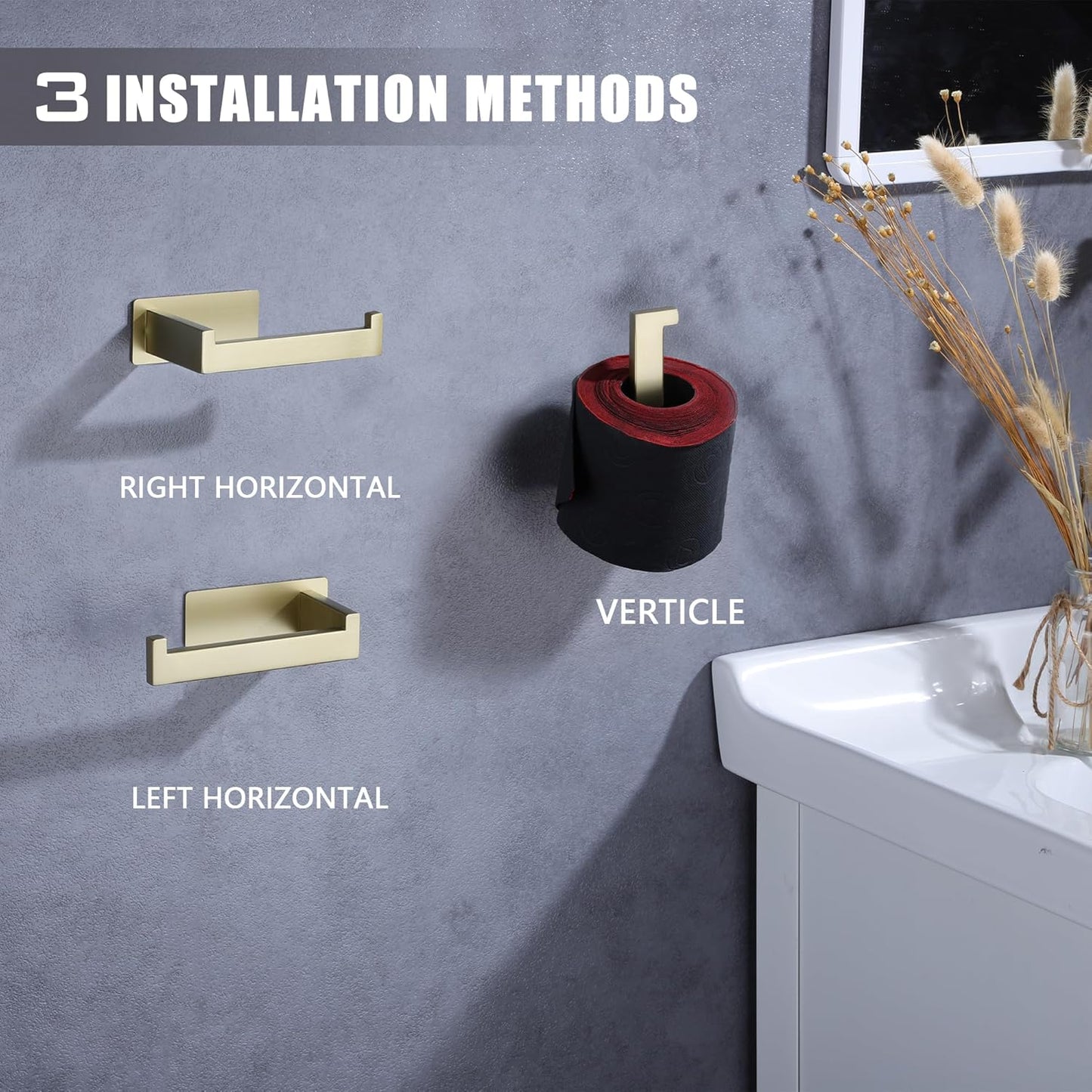 LANC Self-Adhesive Toilet Tissue Roll Holder, Brushed Gold Paper Holder for Bathroom RV Stick On Toilet Tissue Holder with Drill Free Rustproof Stainless Steel Left and Right 2 Pack, A8307BG-LRP2