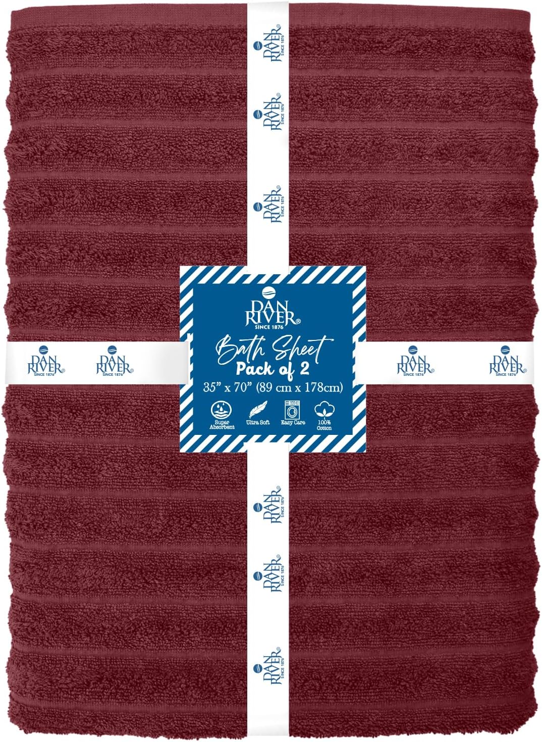 DAN RIVER Pack of 2 Bath Sheet 35x70 Inches, Ribbed Jumbo Bath Towels, Soft and Absorbent Extra Large Towels - Pomegranate