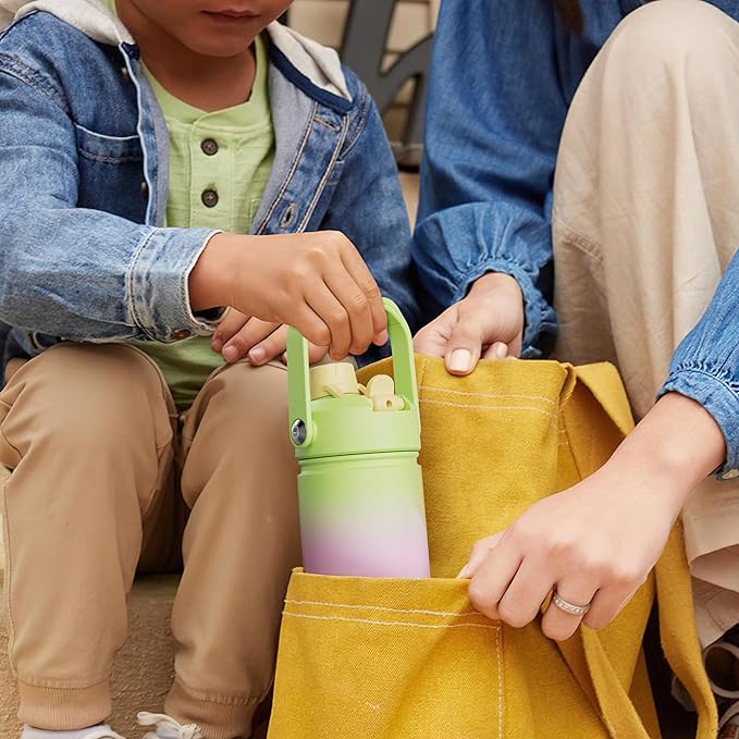 Kids Insulated Water Bottle with Straw - 12oz Stainless Steel Water Bottle with Dual Spouts, Leak-Proof, BPA-Free, Double Wall Vacuum Keeps Cold for 24 Hours for Sports, Travel, School (Lime Sorbet)