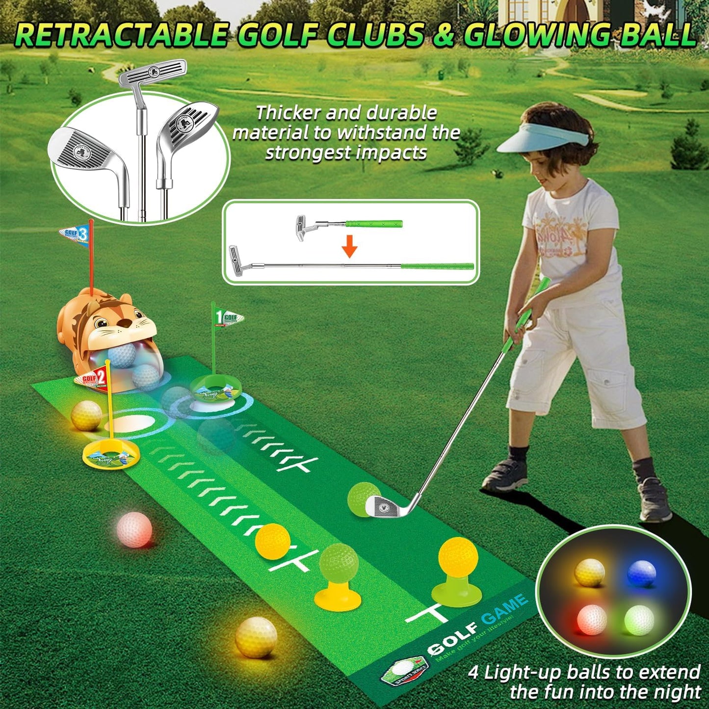 Toddler Golf Set for Age 3+ - Kids Golf Clubs Retractable with Light Automatic Golf Returner, 4 Glow Golf Balls and Putting Mat - Golf Games Sports Toys Gift for Outdoor Indoor Play